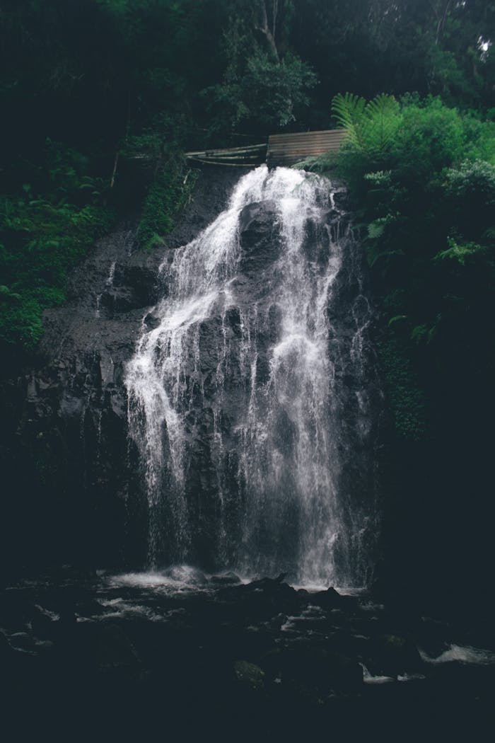 Experience the serene beauty of a waterfall surrounded by lush rainforest in Bandung, Indonesia.